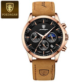 POEDAGAR Genuine Leather Men's Watch Fashion Luminous Calendar Stopwatch Male Clock Waterproof Moon Phase Quartz Wristwatch Man