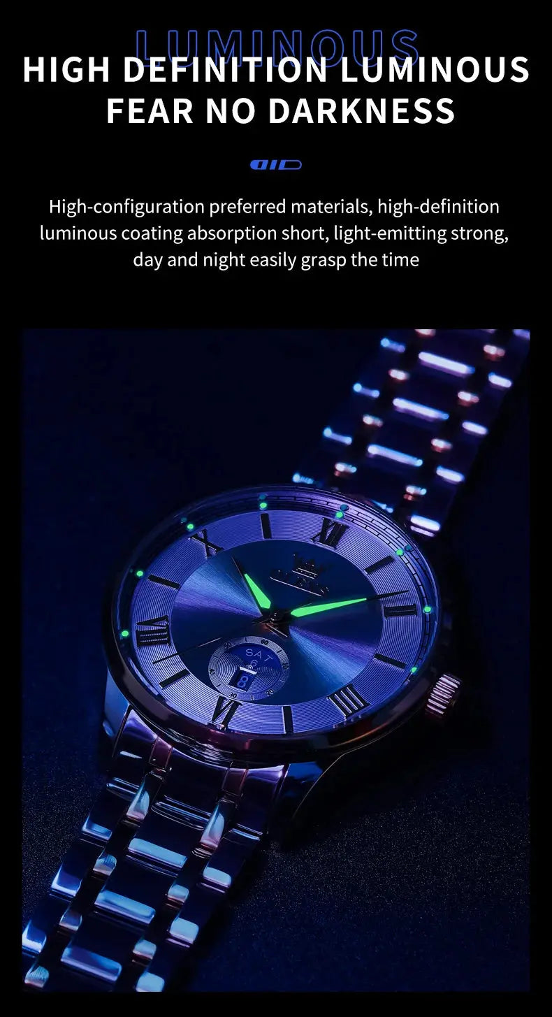 OLEVS 3638 Mens Watch Original Quartz Watch Stainless Steel Waterproof Luminous Large Dial Day Date Watches Luxury Men Box Reloj Gola Watches