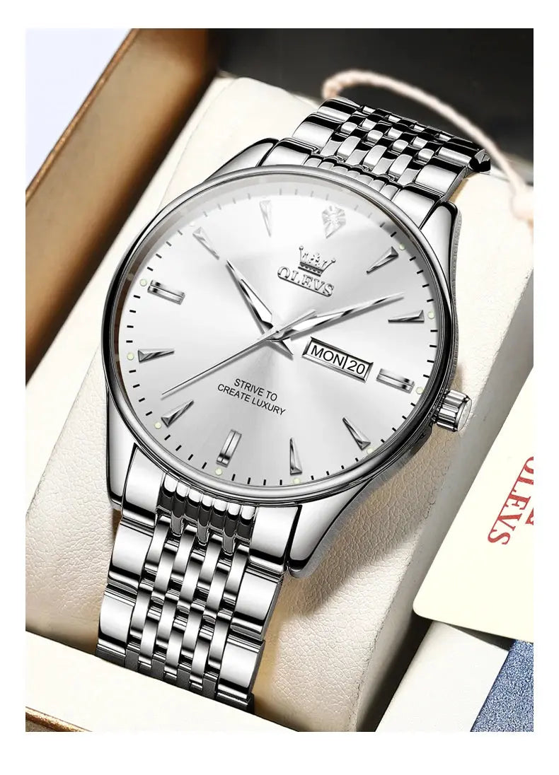 OLEVS 2929 Men Quartz Watch Original Waterproof Business Man Wristwatch Steel Strap Dual Calendar Luminous Fashion Watch For Men Gola Watches