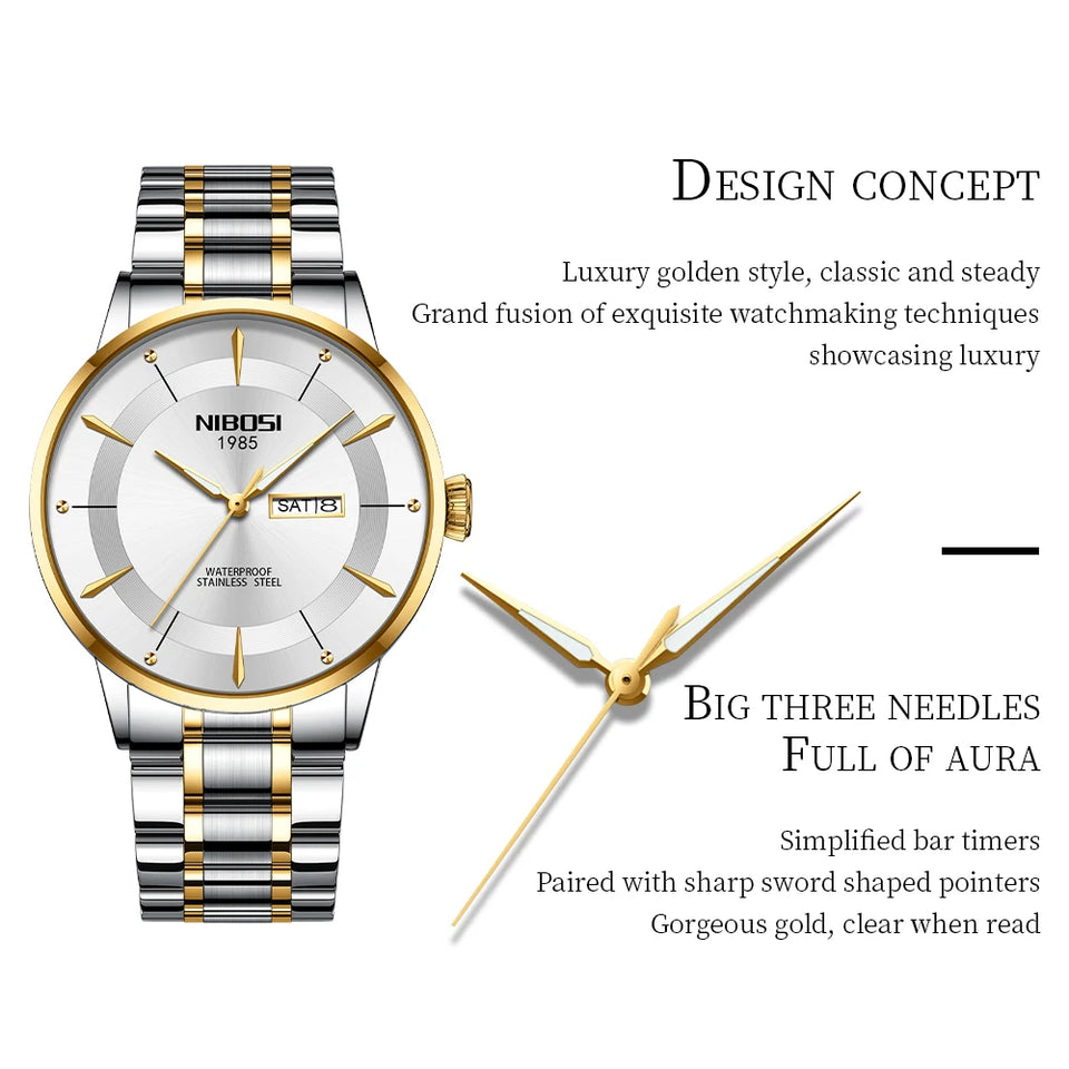 2025 New Men Watch Stainless Steel Business Style Luxury Rhinestone 43mm Blue Gold Quartz Movement Wristwatch Relogios Masculino