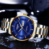 2025 New Men Watch Stainless Steel Business Style Luxury Rhinestone 43mm Blue Gold Quartz Movement Wristwatch Relogios Masculino