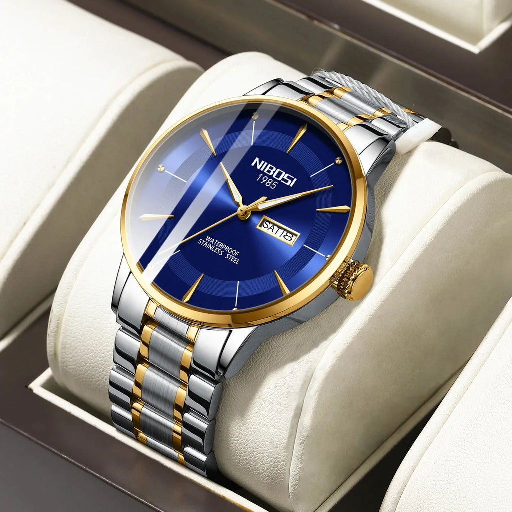 2025 New Men Watch Stainless Steel Business Style Luxury Rhinestone 43mm Blue Gold Quartz Movement Wristwatch Relogios Masculino Gola Watches