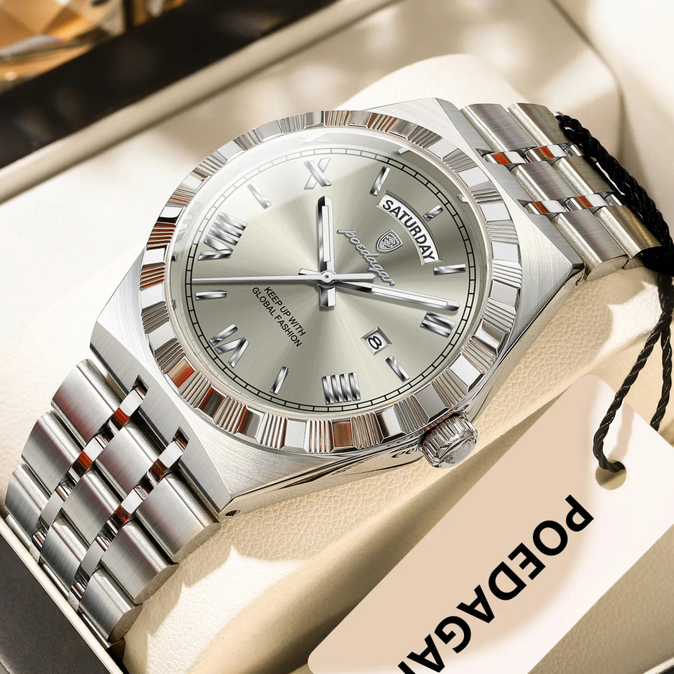 POEDAGAR Luxury Fashion Man Wristwatch Week Date Waterproof Luminous Men's Clock Stainless Steel Quartz Business Watches For Men