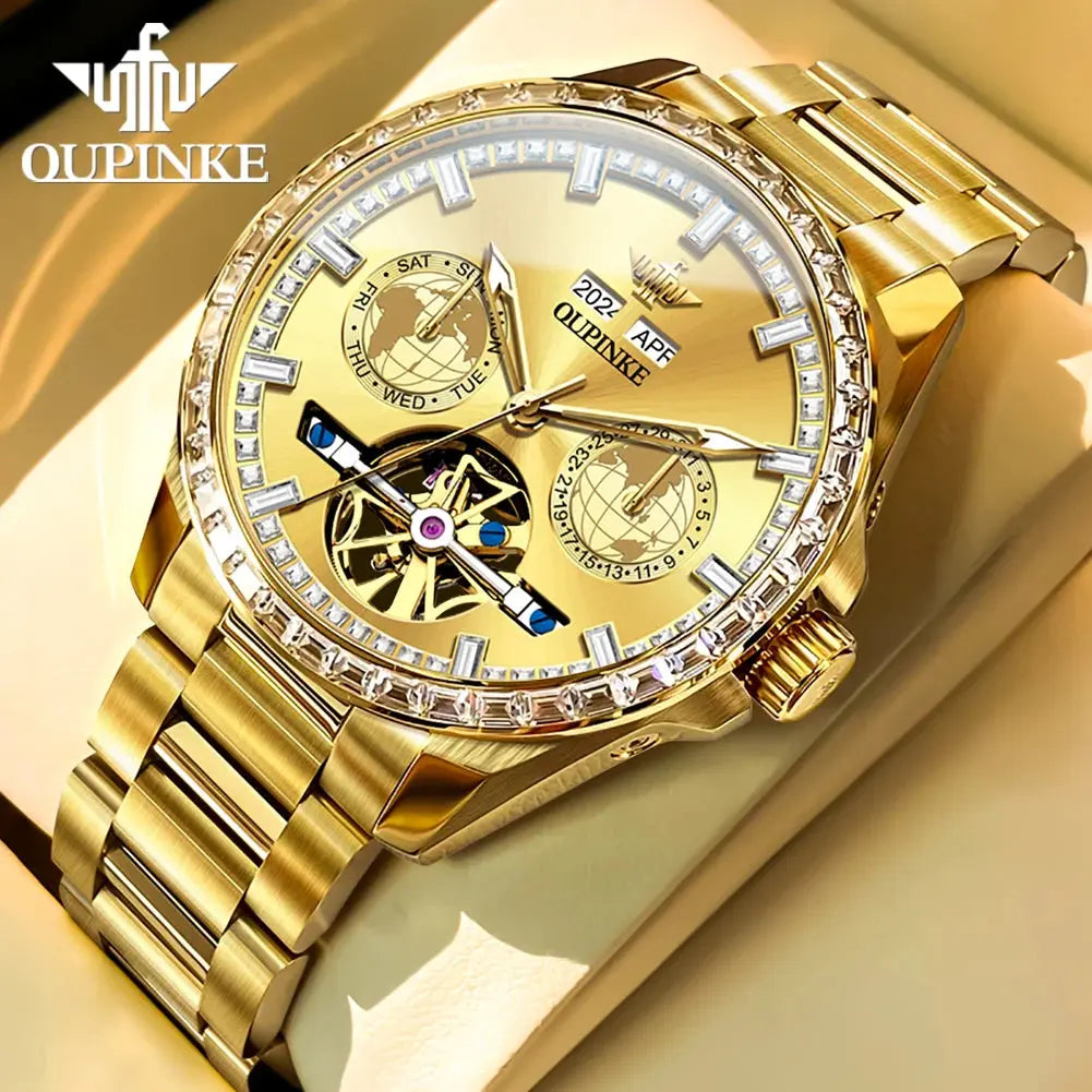 OUPINKE 3280 Men Watch Fashion Business Skeleton Diamond Gold Watch Brand Original Men All Automatic Mechanical Watch High Gift Gola Watches