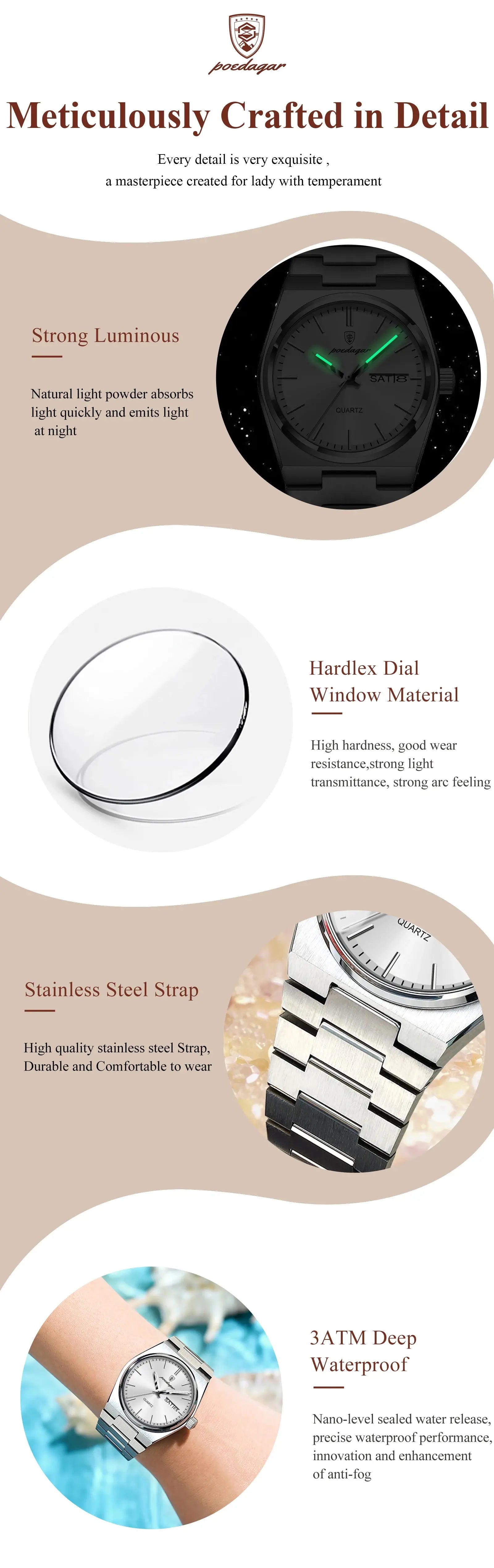 POEDAGAR Original New Woman Watch Stainless Steel Waterproof Luminous Ladies Wristwatch Date Week Elegant Quartz Women's Watches Gola Watches