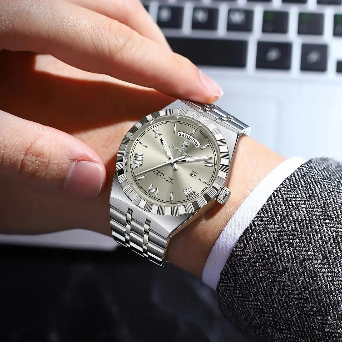 POEDAGAR Luxury Fashion Man Wristwatch Week Date Waterproof Luminous Men's Clock Stainless Steel Quartz Business Watches For Men Gola Watches