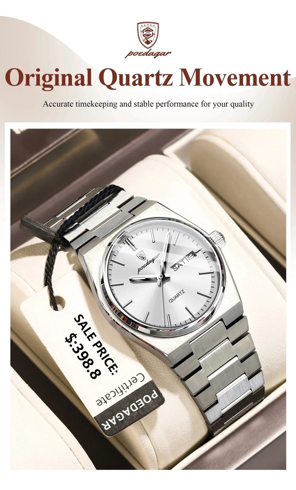 POEDAGAR Original New Woman Watch Stainless Steel Waterproof Luminous Ladies Wristwatch Date Week Elegant Quartz Women's Watches Gola Watches