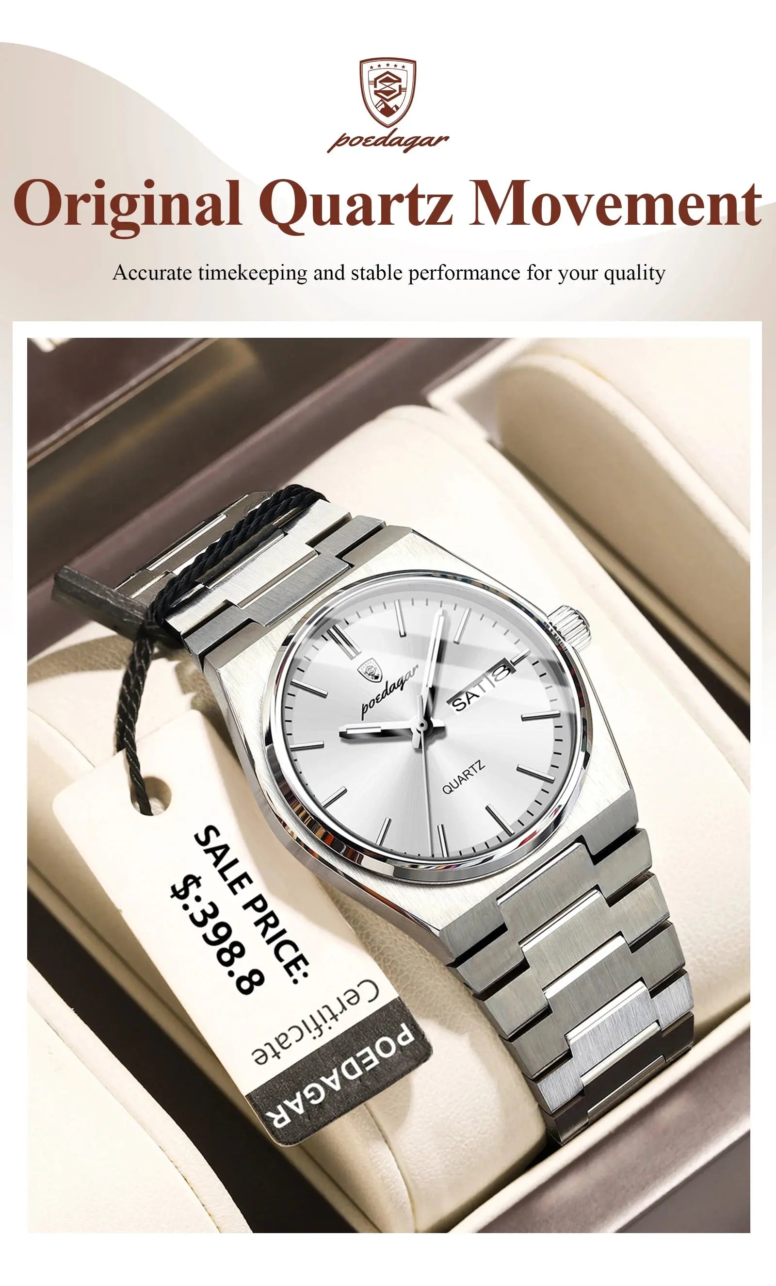 POEDAGAR Original New Woman Watch Stainless Steel Waterproof Luminous Ladies Wristwatch Date Week Elegant Quartz Women's Watches Gola Watches