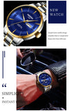 2025 New Men Watch Stainless Steel Business Style Luxury Rhinestone 43mm Blue Gold Quartz Movement Wristwatch Relogios Masculino