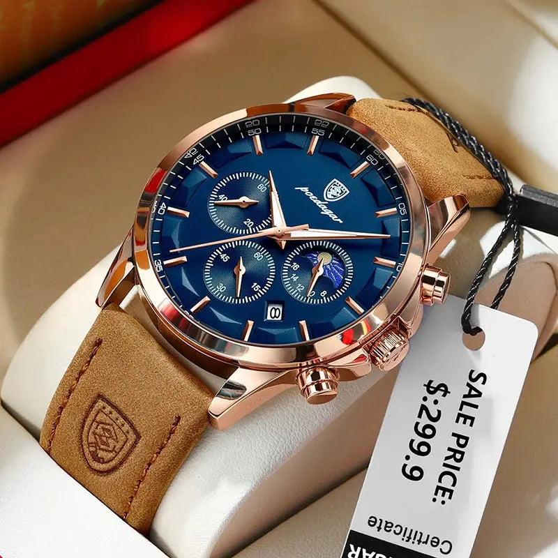 POEDAGAR Genuine Leather Men's Watch Fashion Luminous Calendar Stopwatch Male Clock Waterproof Moon Phase Quartz Wristwatch Man Gola Watches