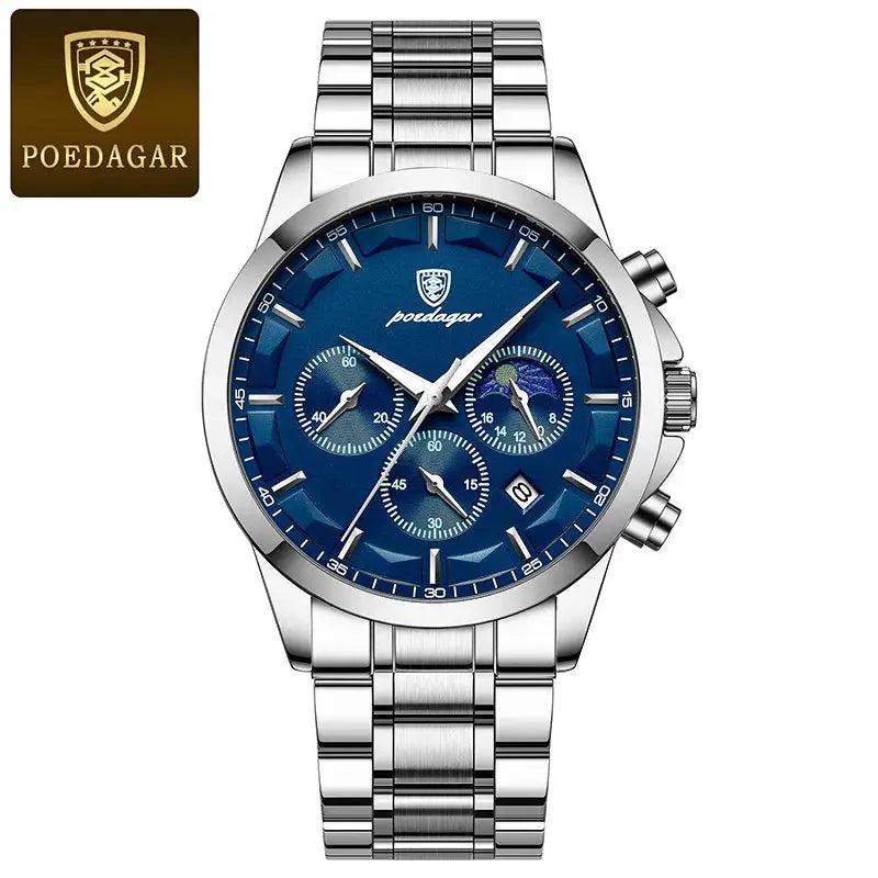 POEDAGAR Genuine Leather Men's Watch Fashion Luminous Calendar Stopwatch Male Clock Waterproof Moon Phase Quartz Wristwatch Man Gola Watches