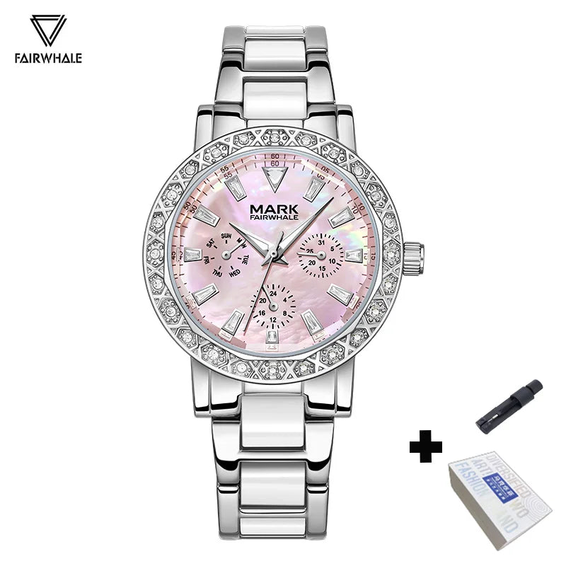 Mark Fairwhale Dress Pink Diamond Watch For Women Fashion Ceramic Chain Quartz Watch Luxury Brilliant Beimu Wristwatch Ladies