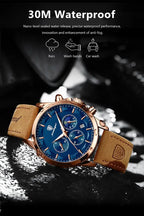 POEDAGAR Genuine Leather Men's Watch Fashion Luminous Calendar Stopwatch Male Clock Waterproof Moon Phase Quartz Wristwatch Man Gola Watches