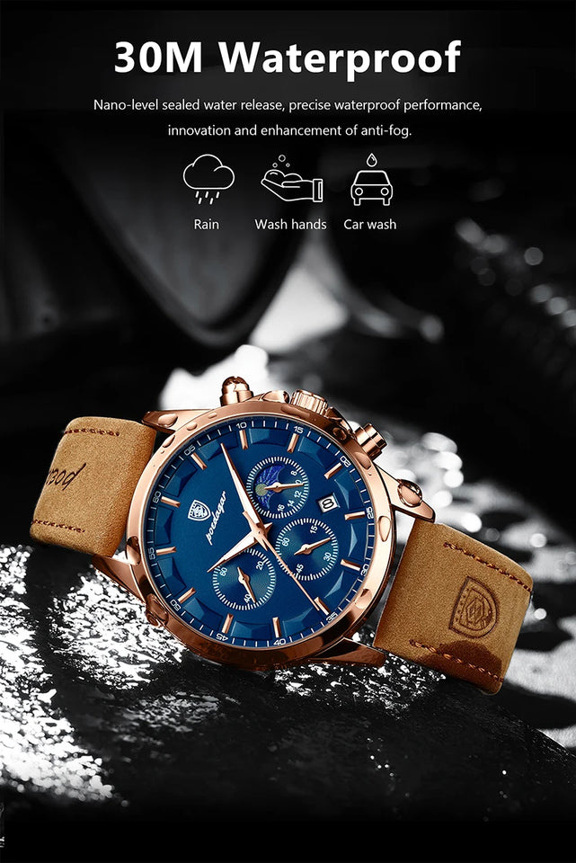 POEDAGAR Genuine Leather Men's Watch Fashion Luminous Calendar Stopwatch Male Clock Waterproof Moon Phase Quartz Wristwatch Man