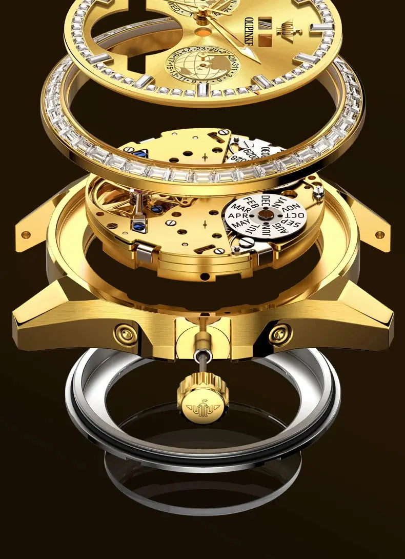 OUPINKE 3280 Men Watch Fashion Business Skeleton Diamond Gold Watch Brand Original Men All Automatic Mechanical Watch High Gift Gola Watches