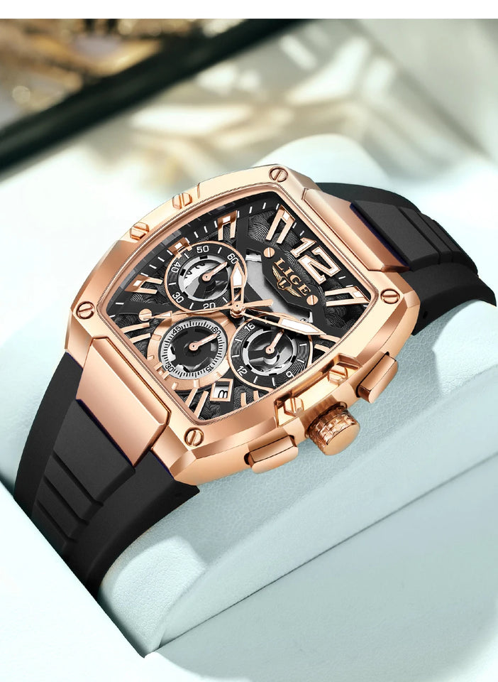 LIGE Sports Man Watch Tonnea Hollow Design Quartz Men Wristwatches Chronograph Waterproof Luminous Silicone Strap Watches Male