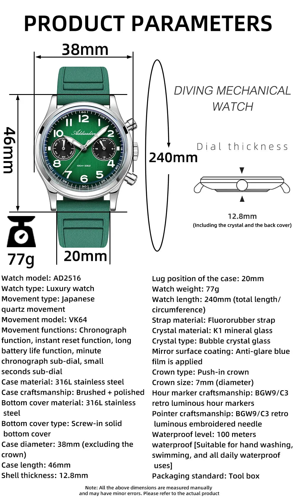 ADDIESDIVE New 2025 Chronograph 38mm Men's Watches VK64 Quartz Wristwatch Luminous Bubble Mirror 10Bar Waterproof Steel Watch Gola Watches