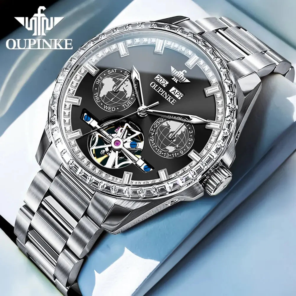 OUPINKE 3280 Men Watch Fashion Business Skeleton Diamond Gold Watch Brand Original Men All Automatic Mechanical Watch High Gift Gola Watches