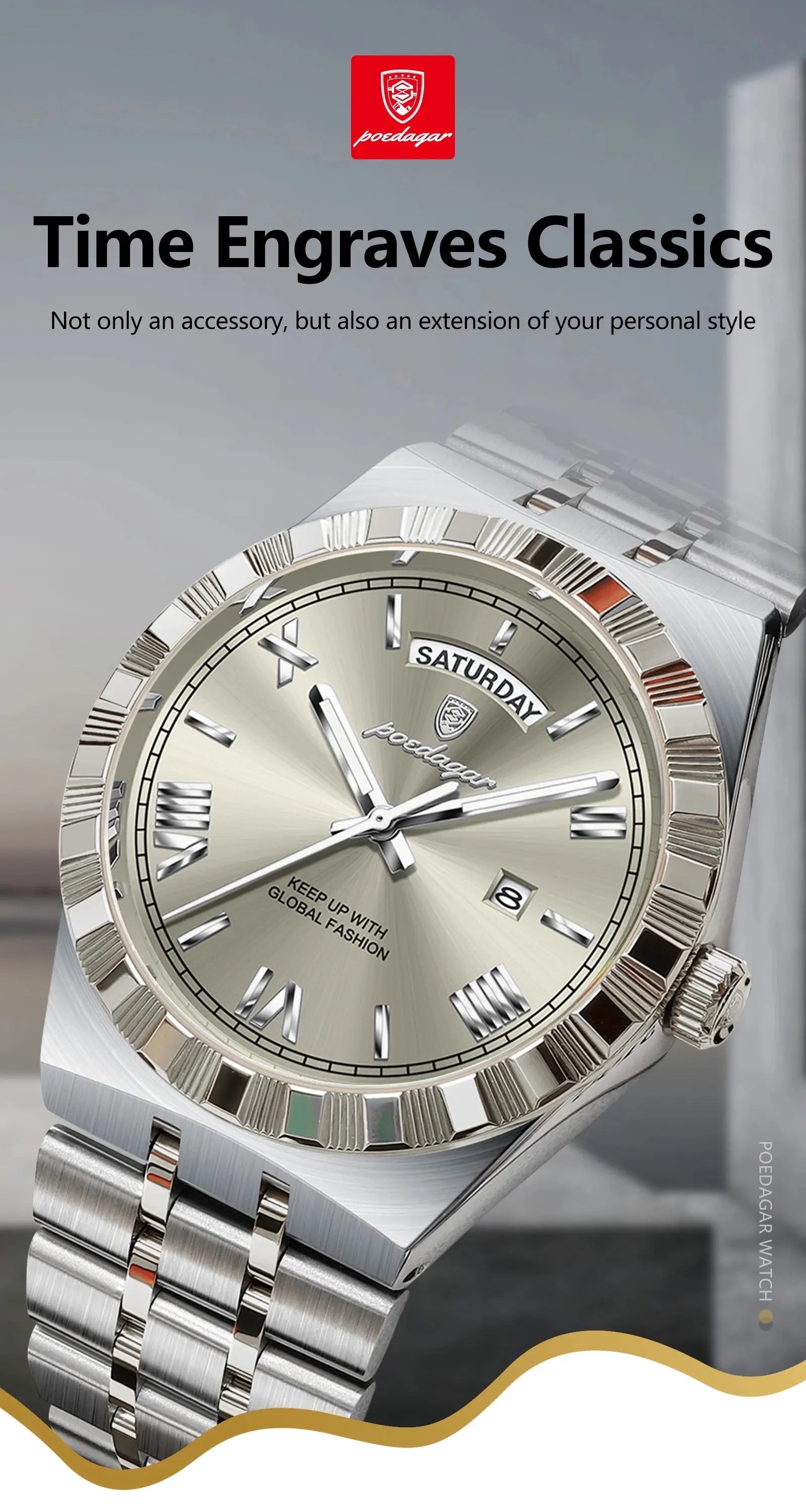 POEDAGAR Luxury Fashion Man Wristwatch Week Date Waterproof Luminous Men's Clock Stainless Steel Quartz Business Watches For Men Gola Watches