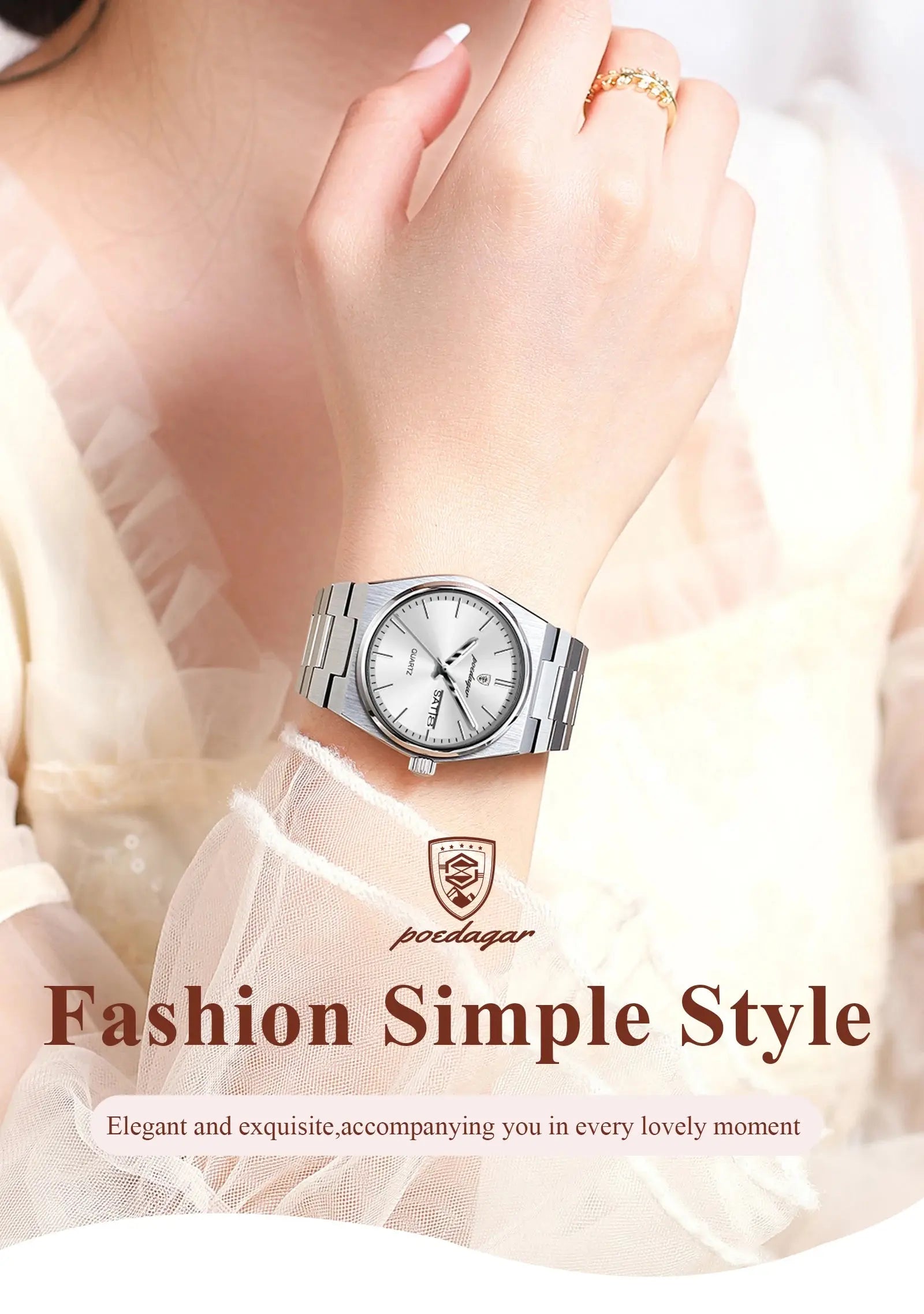 POEDAGAR Original New Woman Watch Stainless Steel Waterproof Luminous Ladies Wristwatch Date Week Elegant Quartz Women's Watches Gola Watches