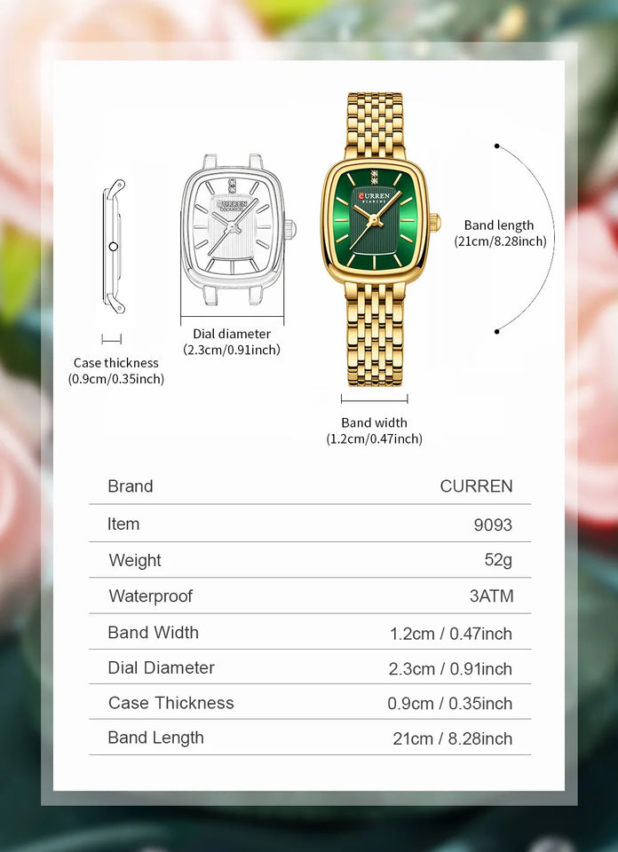 CURREN 9093 Fashion Quartz Women's Watch Elegant Square Dial Gold Stainless Steel Strap Casual Waterproof Watch relojes de mujer