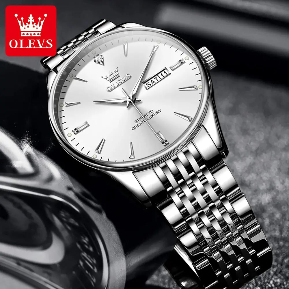 OLEVS 2929 Men Quartz Watch Original Waterproof Business Man Wristwatch Steel Strap Dual Calendar Luminous Fashion Watch For Men Gola Watches