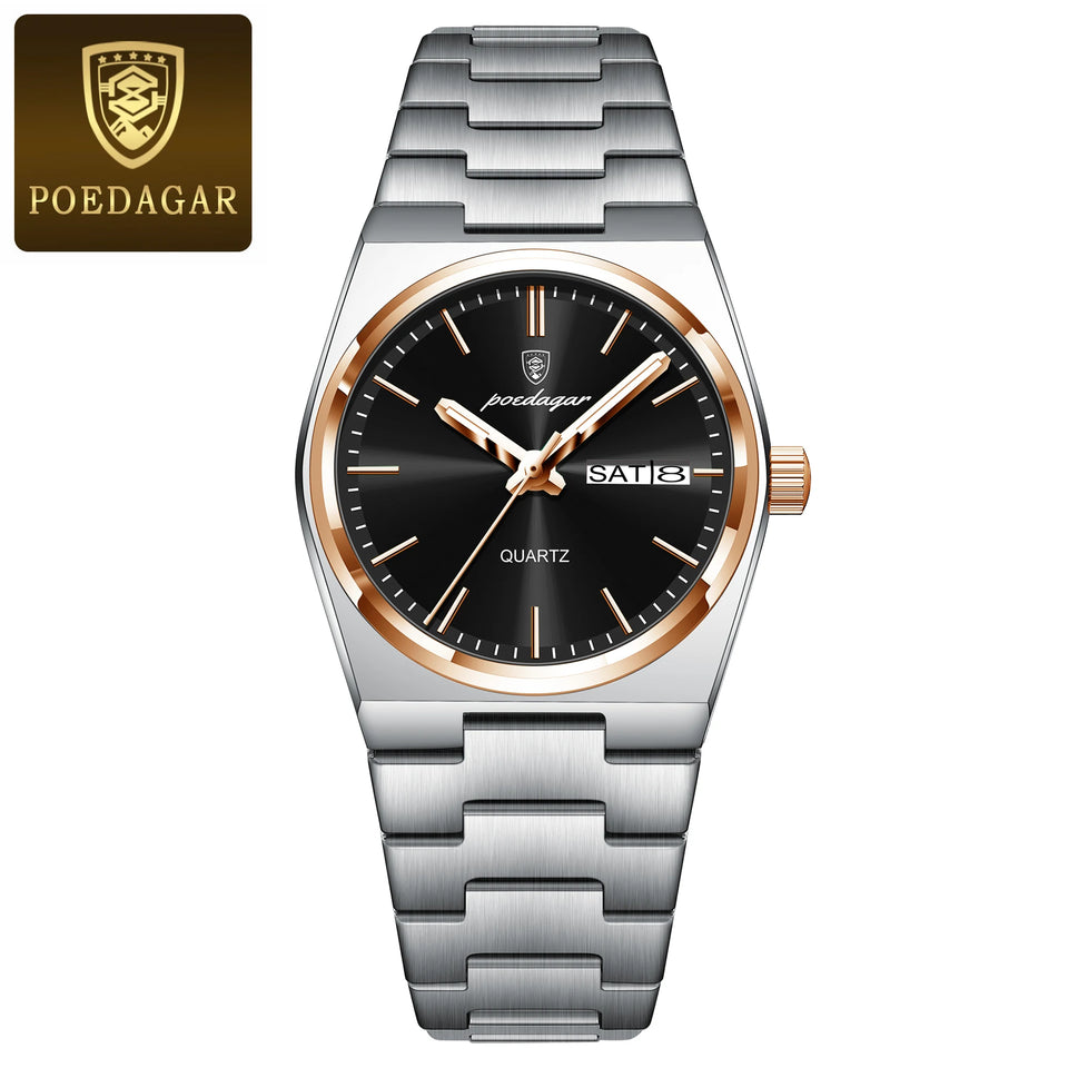 POEDAGAR Original New Woman Watch Stainless Steel Waterproof Luminous Ladies Wristwatch Date Week Elegant Quartz Women's Watches
