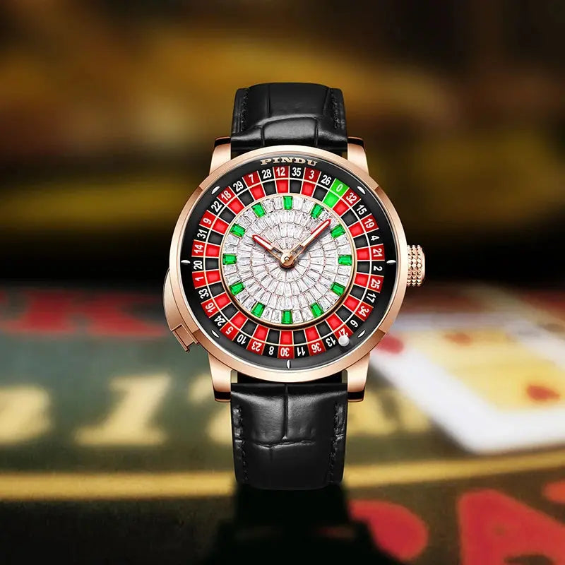 PINDU New Watches European Button Roulette Fun Game Sapphire Glass NH35A Mechanical Watch Diamond Dial Leather Men's Watch P6628 Gola Watches