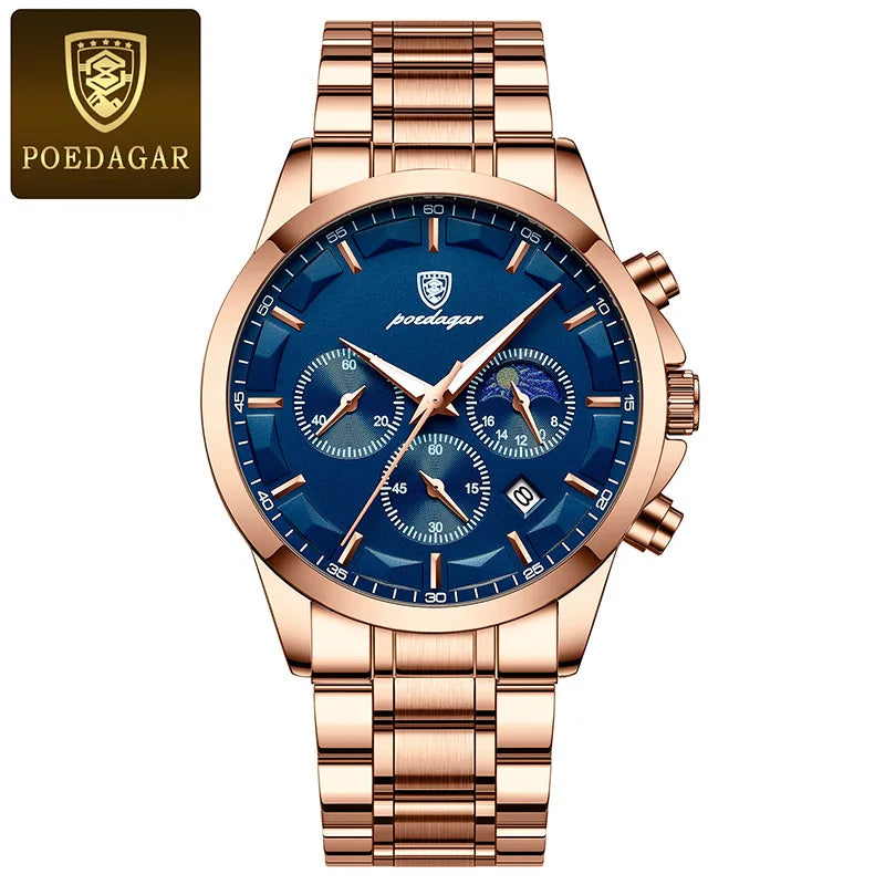 POEDAGAR Genuine Leather Men's Watch Fashion Luminous Calendar Stopwatch Male Clock Waterproof Moon Phase Quartz Wristwatch Man