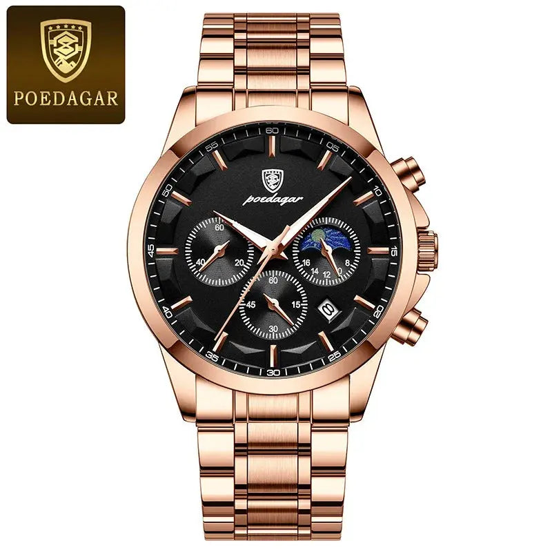 POEDAGAR Genuine Leather Men's Watch Fashion Luminous Calendar Stopwatch Male Clock Waterproof Moon Phase Quartz Wristwatch Man Gola Watches