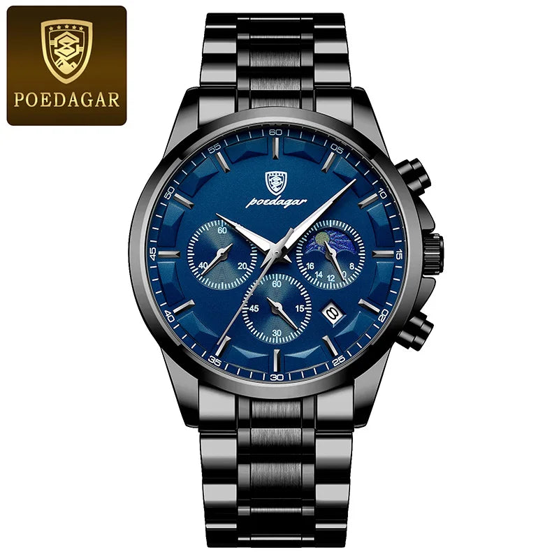 POEDAGAR Genuine Leather Men's Watch Fashion Luminous Calendar Stopwatch Male Clock Waterproof Moon Phase Quartz Wristwatch Man
