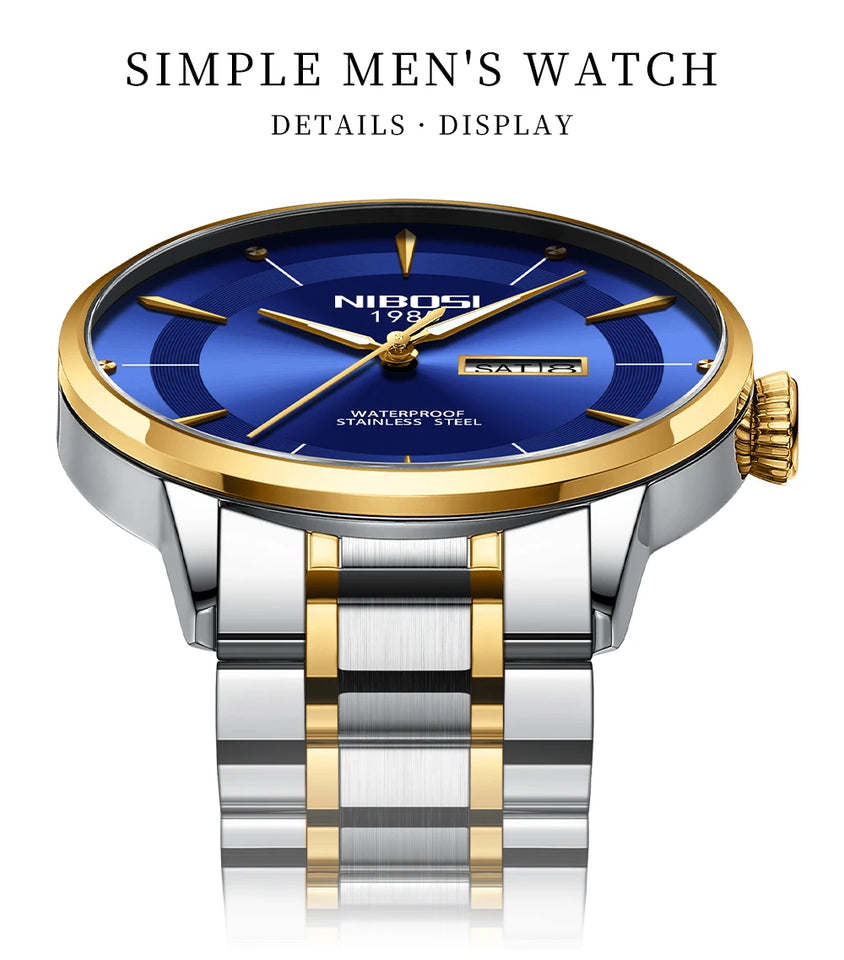 2025 New Men Watch Stainless Steel Business Style Luxury Rhinestone 43mm Blue Gold Quartz Movement Wristwatch Relogios Masculino