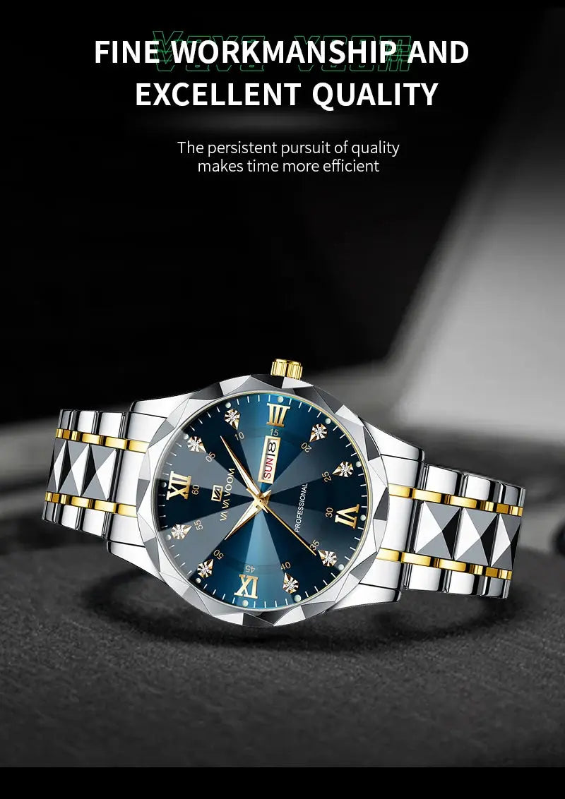 Men Watch Water Diamond Luxury Night Glow Double Calendar Quartz Movement 41mm Blue Gold Stainless Steel Fashion Business Watch Gola Watches