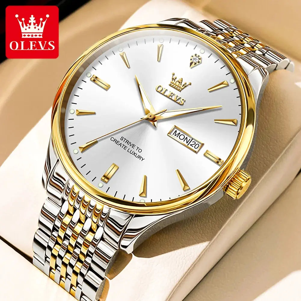 OLEVS 2929 Men Quartz Watch Original Waterproof Business Man Wristwatch Steel Strap Dual Calendar Luminous Fashion Watch For Men Gola Watches