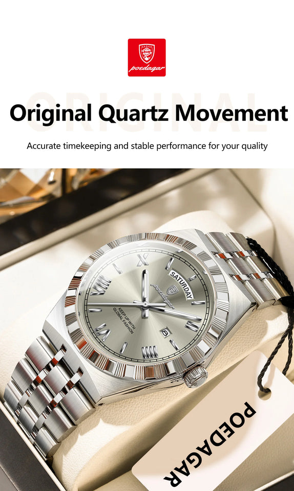 POEDAGAR Luxury Fashion Man Wristwatch Week Date Waterproof Luminous Men's Clock Stainless Steel Quartz Business Watches For Men