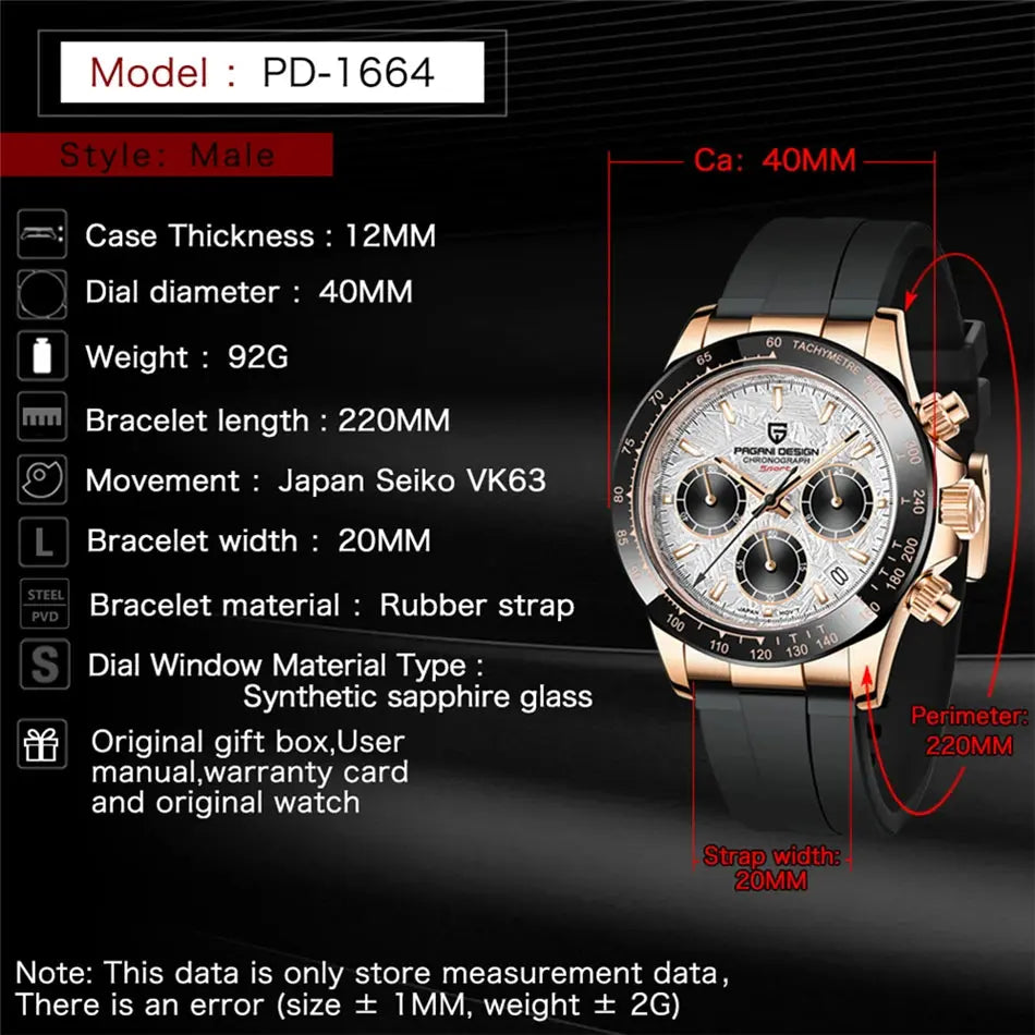 PAGANI DESIGN PD-1664 – Men's Quartz Watch 40mm Chronograph Sapphire 10BAR Gola Watches