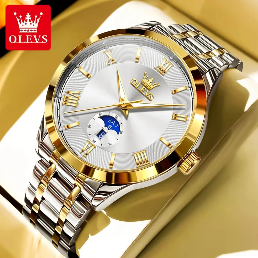 OLEVS 3638 Mens Watch Original Quartz Watch Stainless Steel Waterproof Luminous Large Dial Day Date Watches Luxury Men Box Reloj Gola Watches