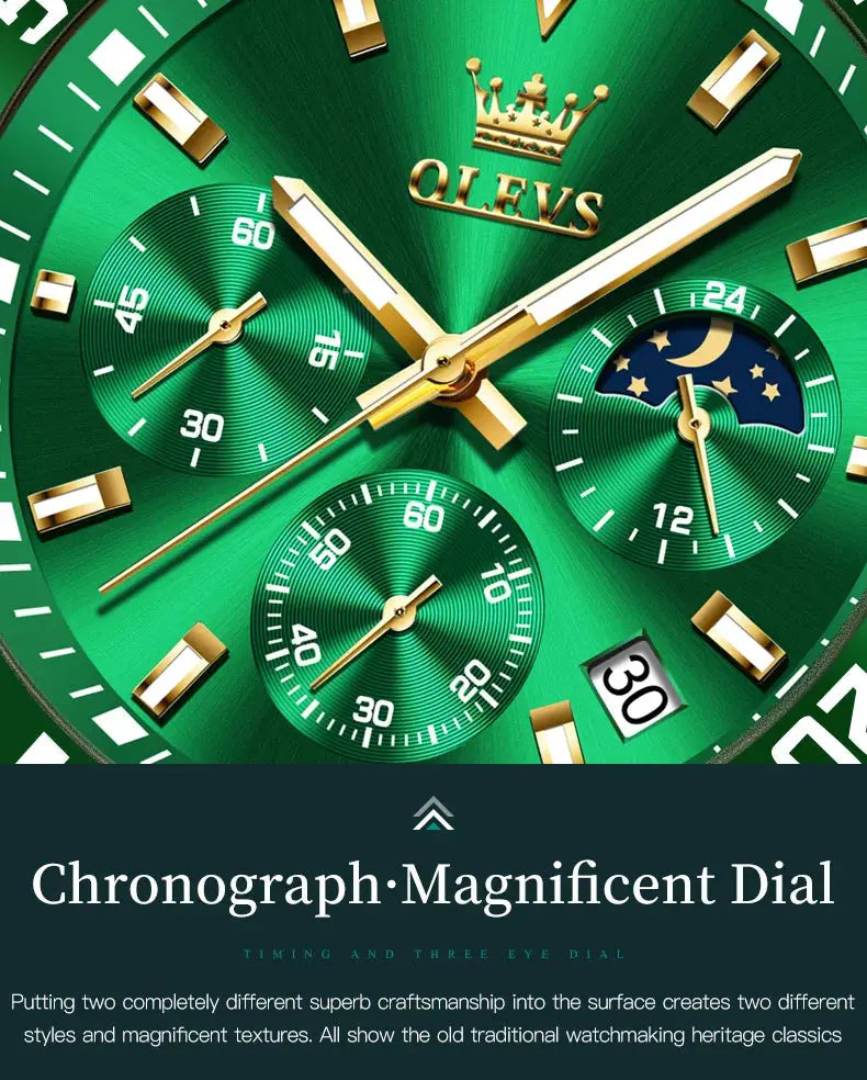 OLEVS 2870 Men's Watches Moon phase Steel Calendar Chronograph Original Quartz Watch Big Rota Dial Luxury Sports Wristwatches Gola Watches