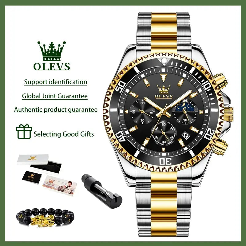 OLEVS 2870 Men's Watches Moon phase Steel Calendar Chronograph Original Quartz Watch Big Rota Dial Luxury Sports Wristwatches Gola Watches