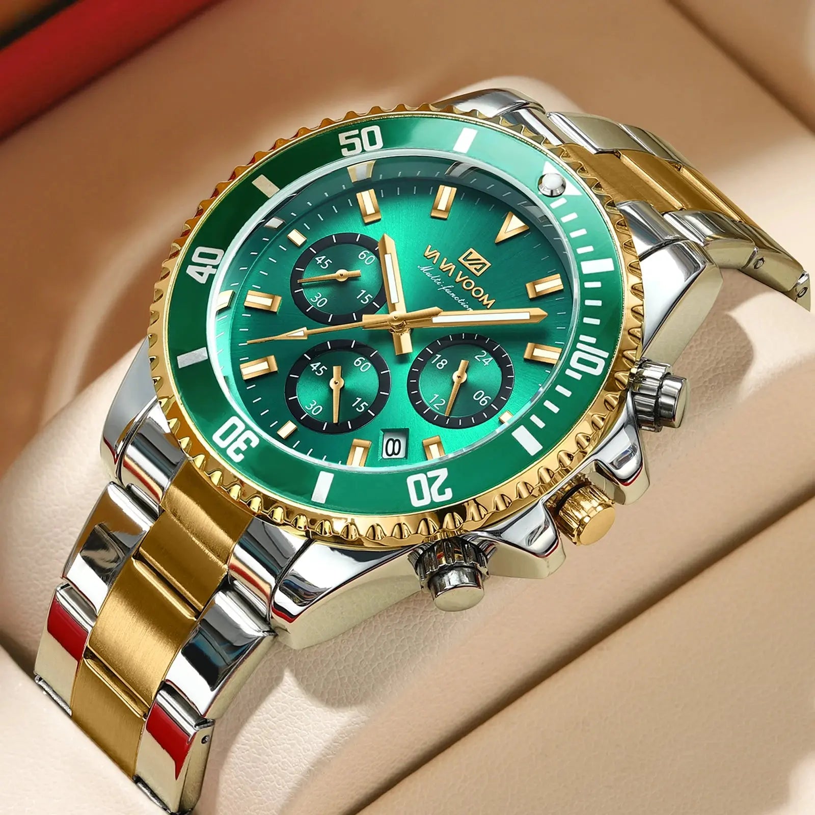 VA VA VOOM Brand Top Men Watch 1Pc Multifunctional Fashionable Timing Dial Green Gold Stainless Steel 3Bar Timing Watch for Men Gola Watches