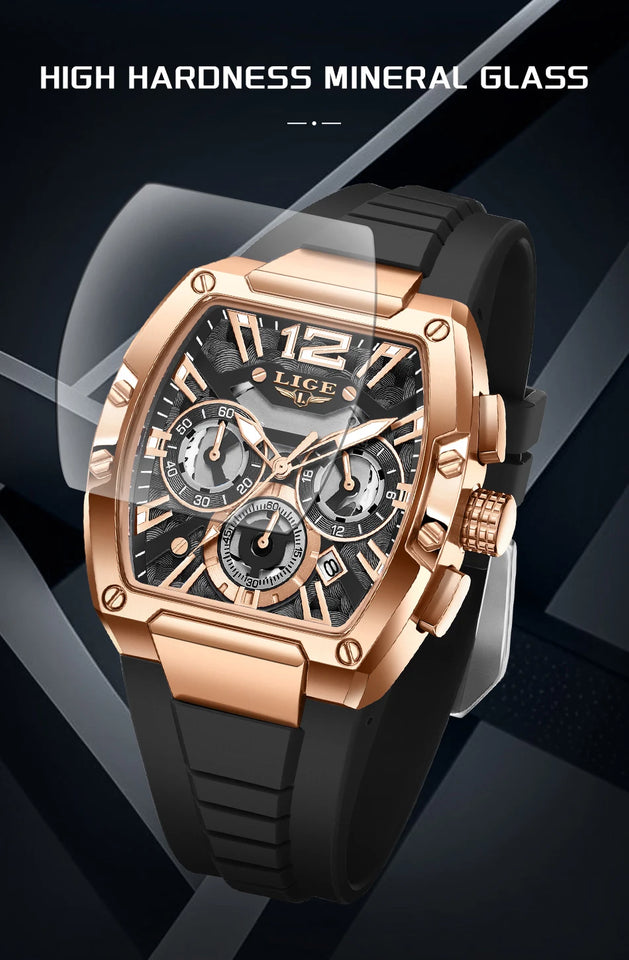 LIGE Sports Man Watch Tonnea Hollow Design Quartz Men Wristwatches Chronograph Waterproof Luminous Silicone Strap Watches Male