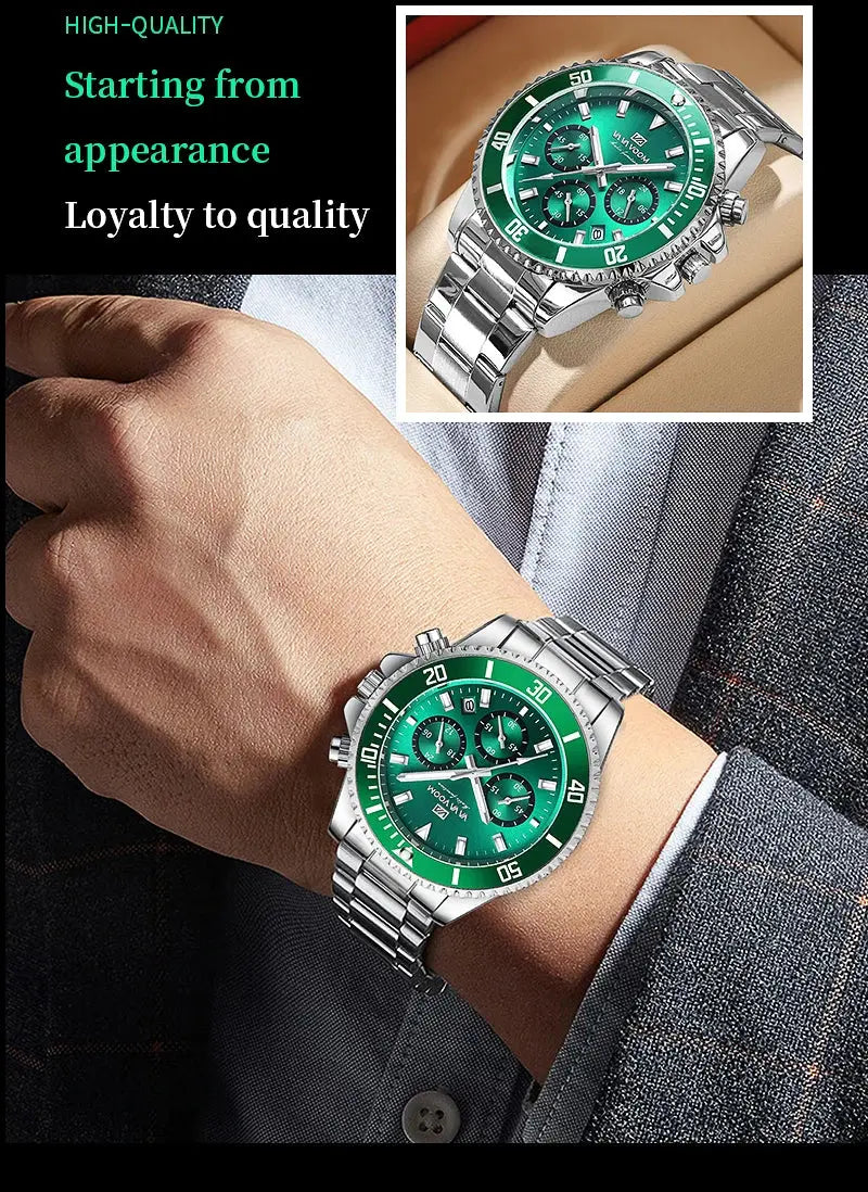 VA VA VOOM Brand Top Men Watch 1Pc Multifunctional Fashionable Timing Dial Green Gold Stainless Steel 3Bar Timing Watch for Men Gola Watches