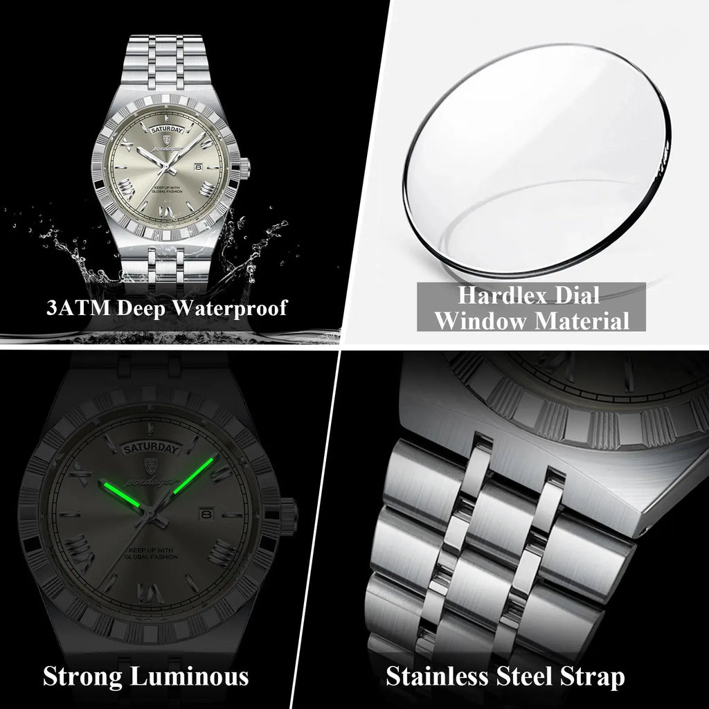 POEDAGAR Luxury Fashion Man Wristwatch Week Date Waterproof Luminous Men's Clock Stainless Steel Quartz Business Watches For Men Gola Watches