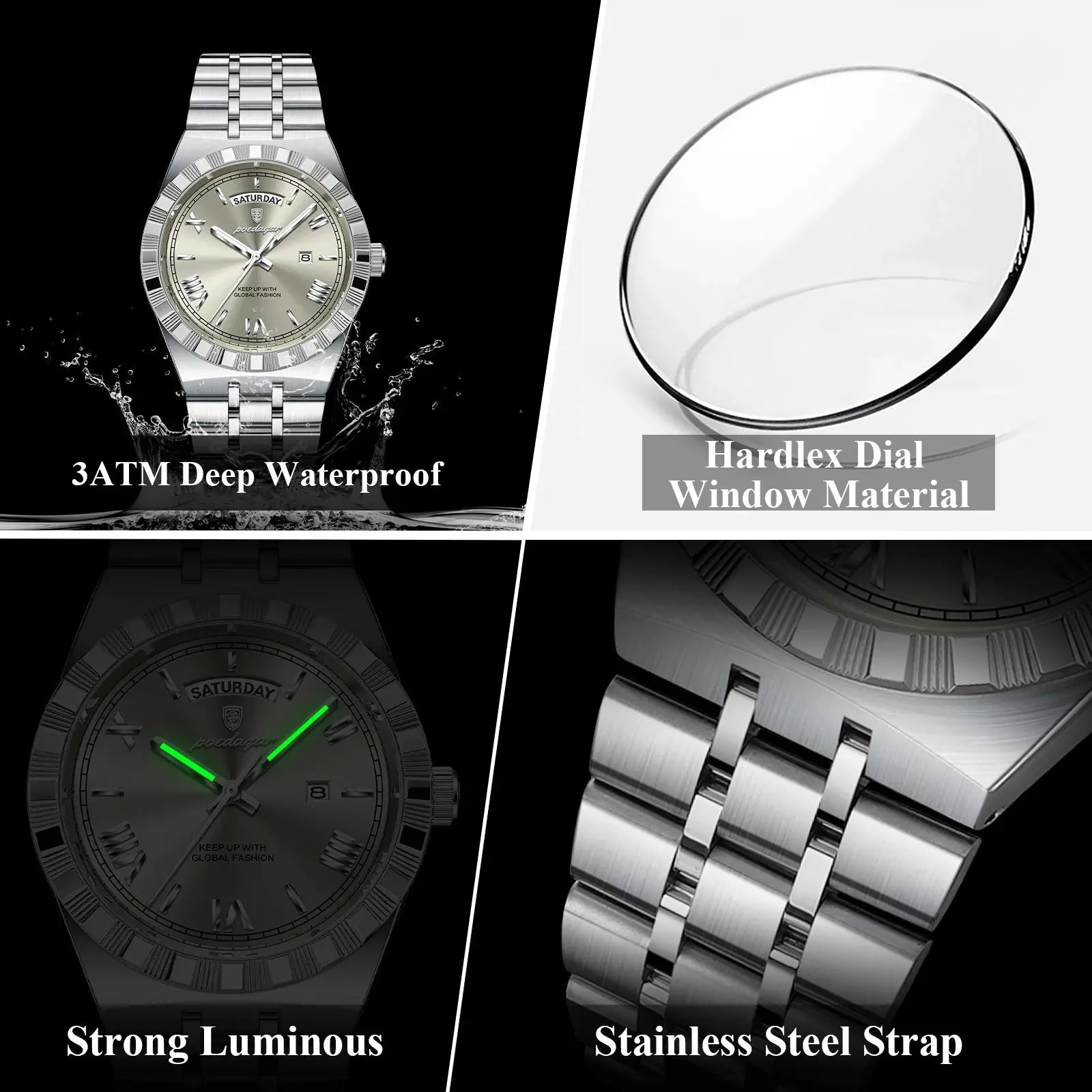 POEDAGAR Luxury Fashion Man Wristwatch Week Date Waterproof Luminous Men's Clock Stainless Steel Quartz Business Watches For Men Gola Watches
