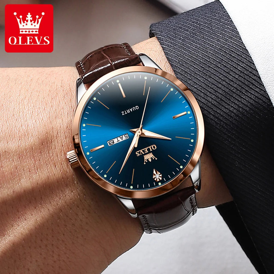 OLEVS Men's Watch Brand Business Waterproof Luminous Week Date Quartz Watch Fashion Leather Strap Classic Luxury Men's Watch