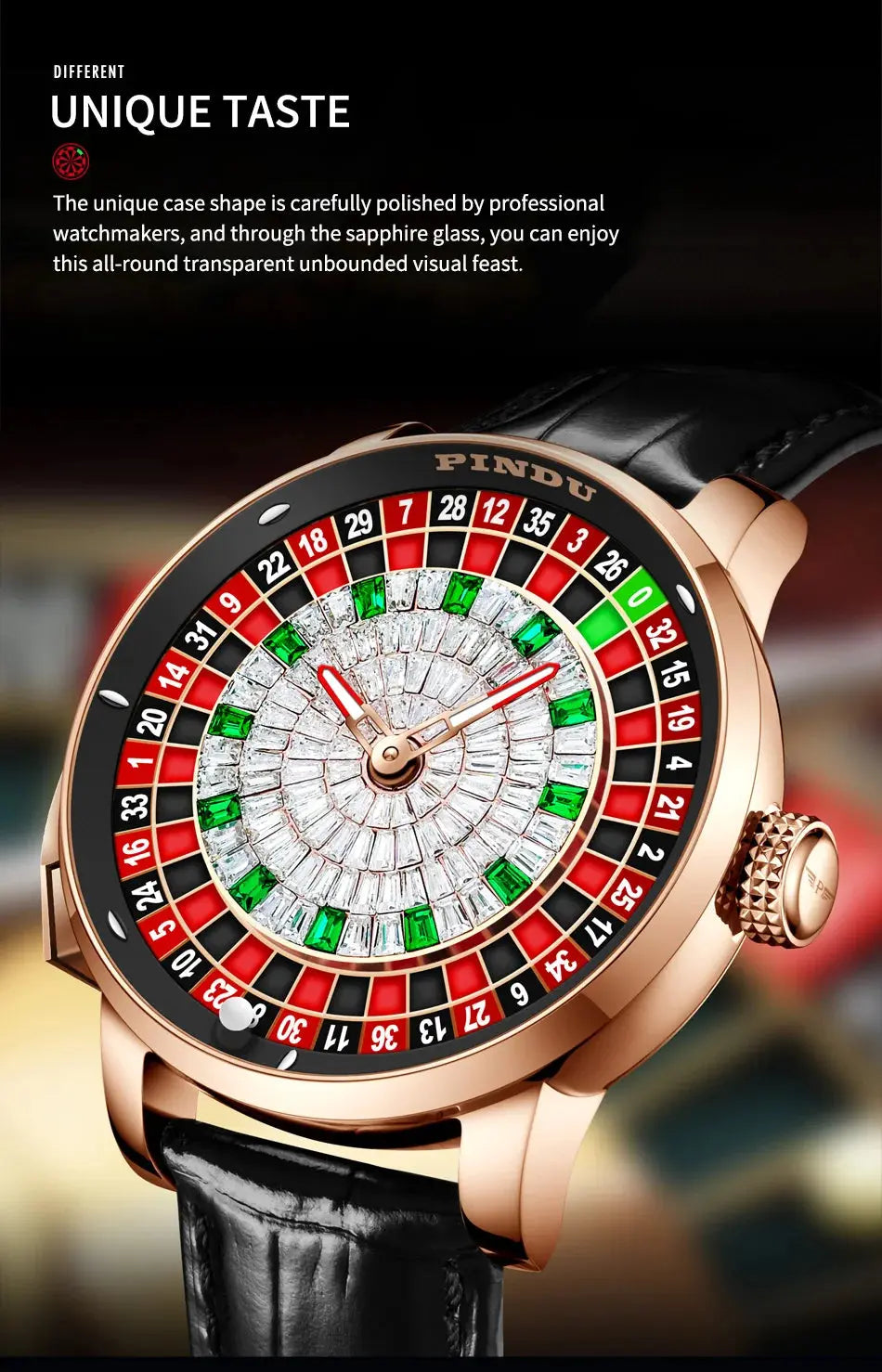 PINDU New Watches European Button Roulette Fun Game Sapphire Glass NH35A Mechanical Watch Diamond Dial Leather Men's Watch P6628 Gola Watches
