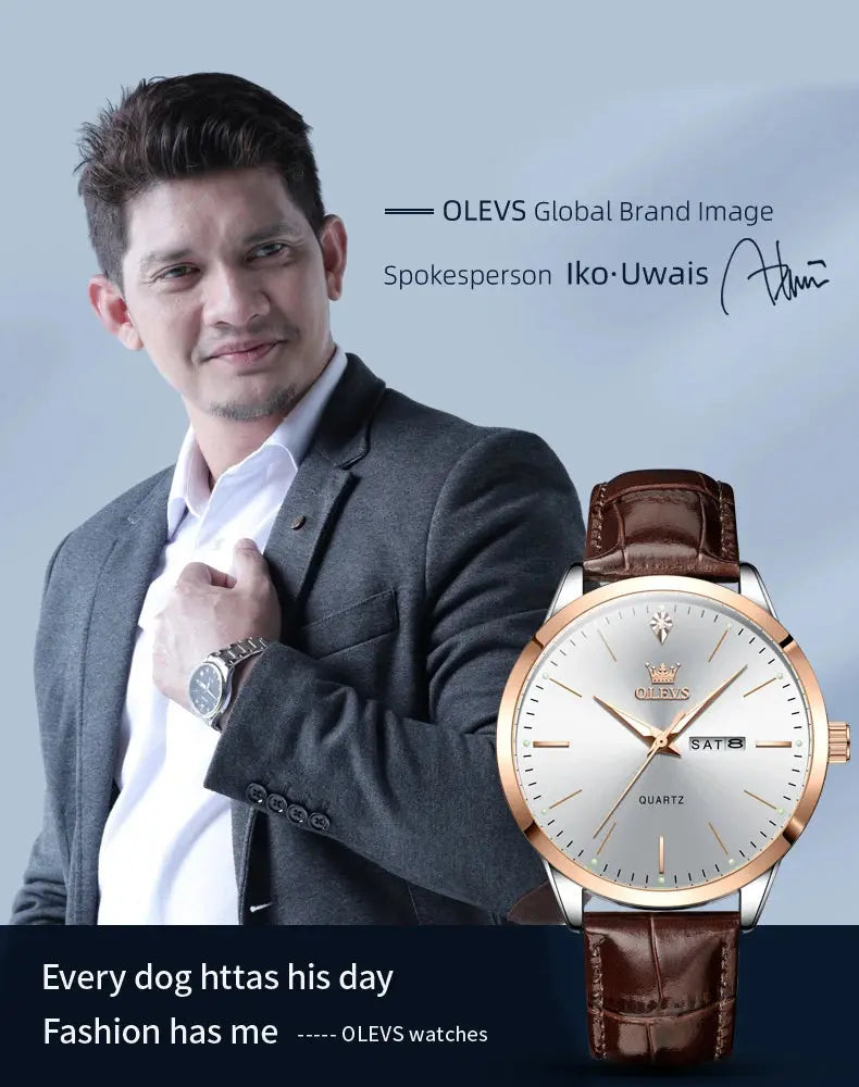 OLEVS Men's Watch Brand Business Waterproof Luminous Week Date Quartz Watch Fashion Leather Strap Classic Luxury Men's Watch Gola Watches