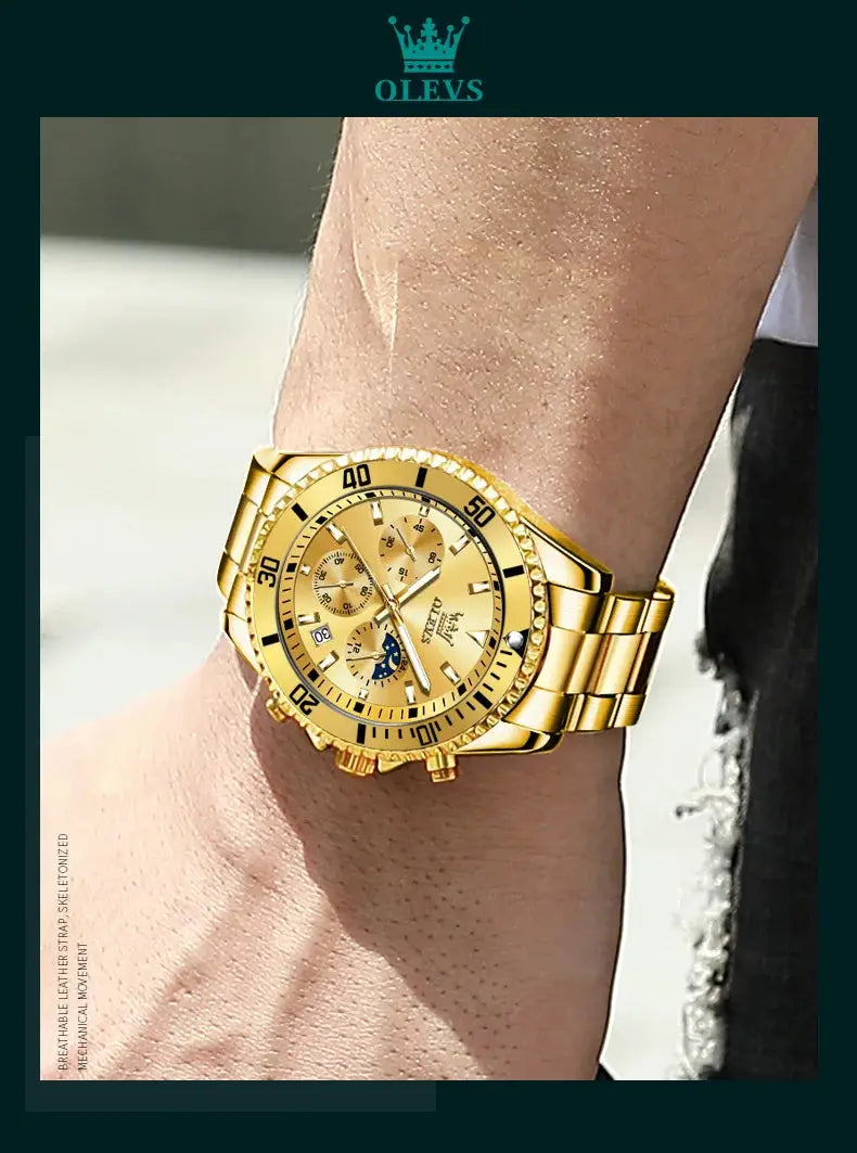 OLEVS 2870 Men's Watches Moon phase Steel Calendar Chronograph Original Quartz Watch Big Rota Dial Luxury Sports Wristwatches Gola Watches