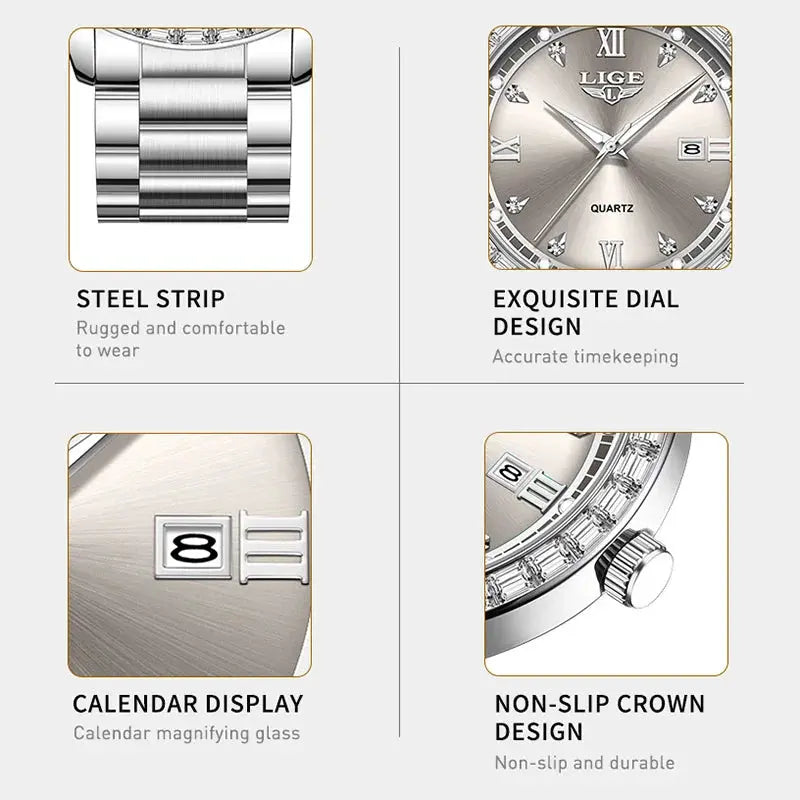 LIGE elegant women's watch Fashion waterproof clock luminous stainless steel business quartz watch for Women reloj de mujer+BOX Gola Watches