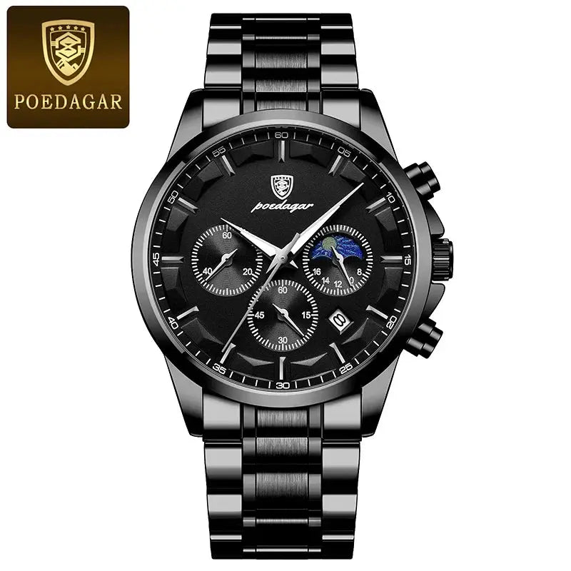 POEDAGAR Genuine Leather Men's Watch Fashion Luminous Calendar Stopwatch Male Clock Waterproof Moon Phase Quartz Wristwatch Man Gola Watches